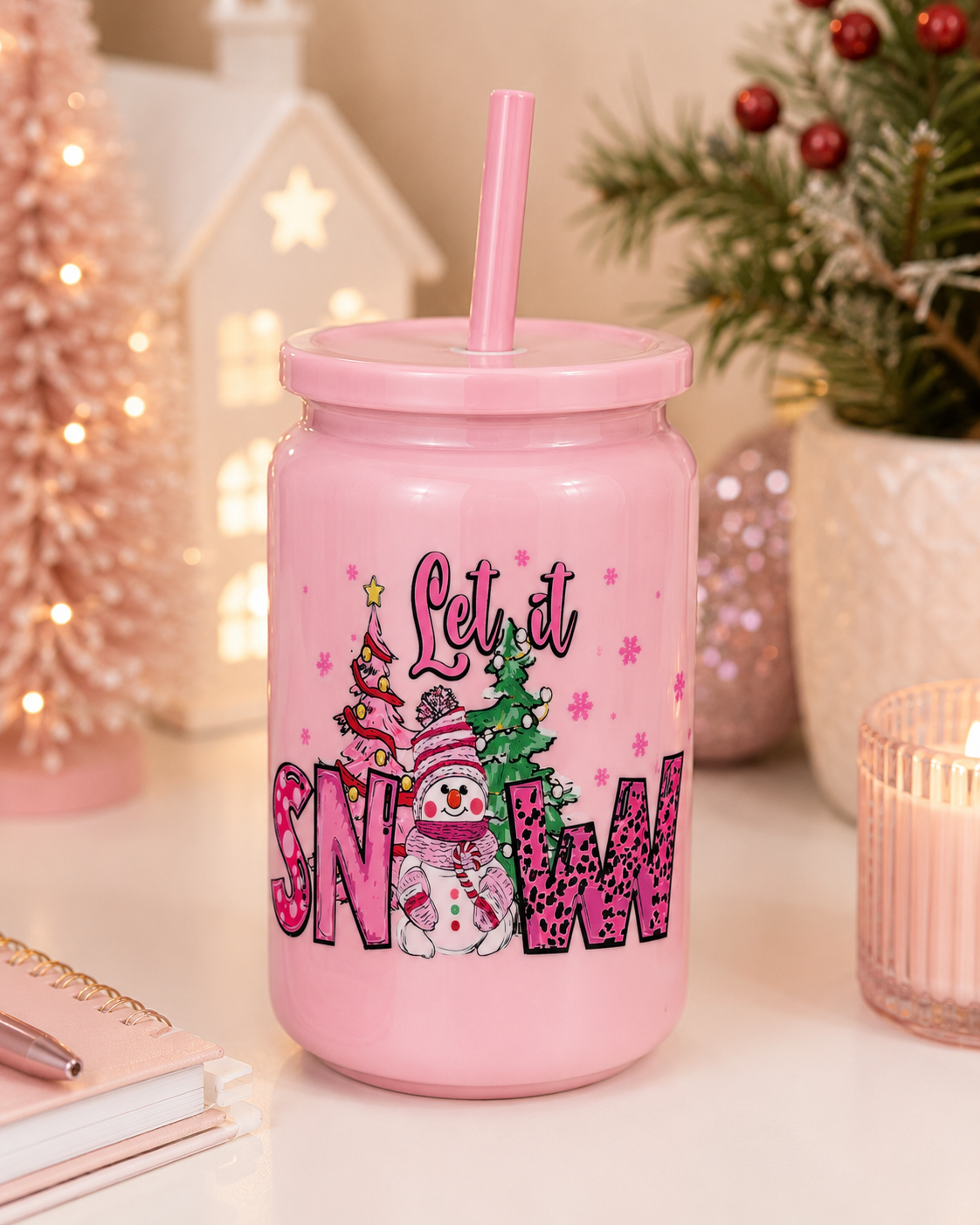 Let It Snow Pink Christmas Glass Cup |  Holiday Snowman