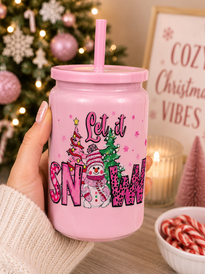Let It Snow Pink Christmas Glass Cup |  Holiday Snowman