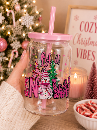 Let It Snow Pink Christmas Glass Cup |  Holiday Snowman