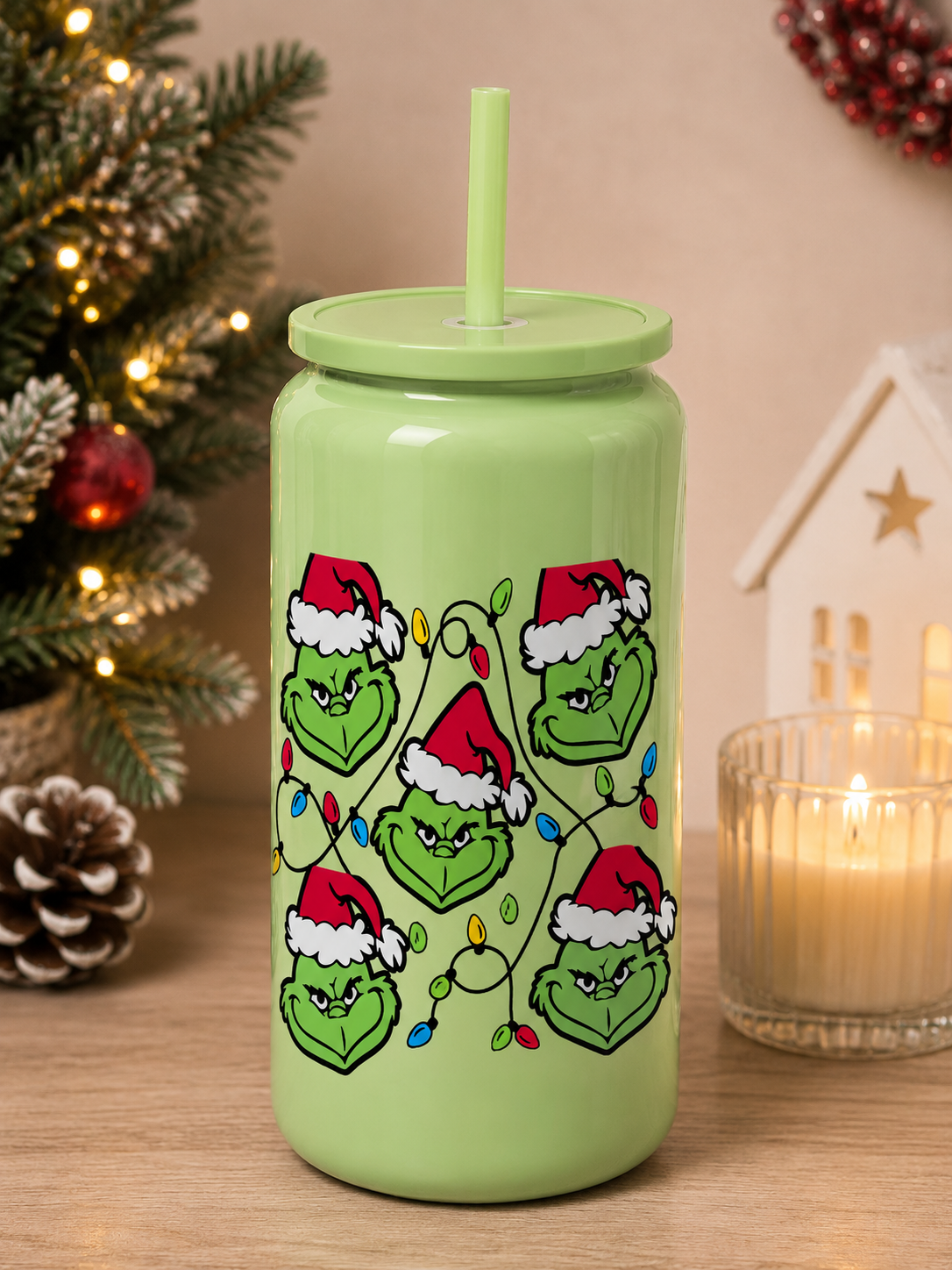 Grinch Christmas Lights Glass Cup | Holiday Glass Tumbler