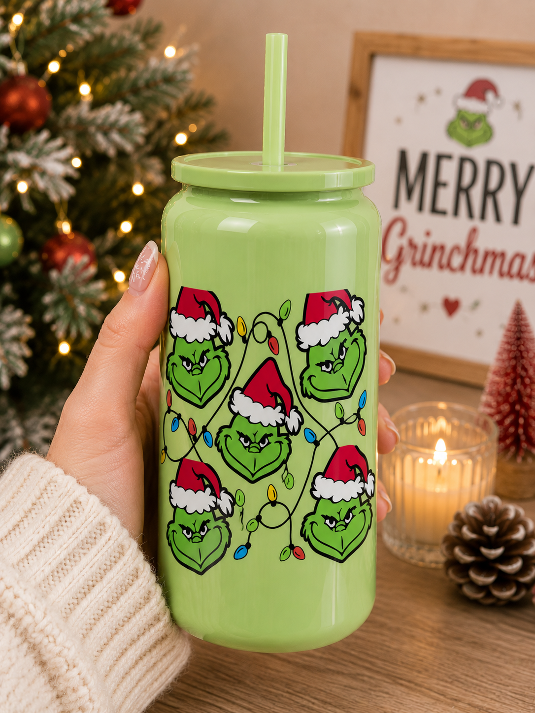 Grinch Christmas Lights Glass Cup | Holiday Glass Tumbler