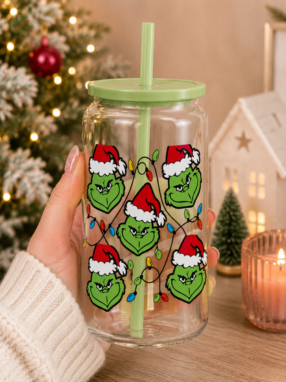 Grinch Christmas Lights Glass Cup | Holiday Glass Tumbler