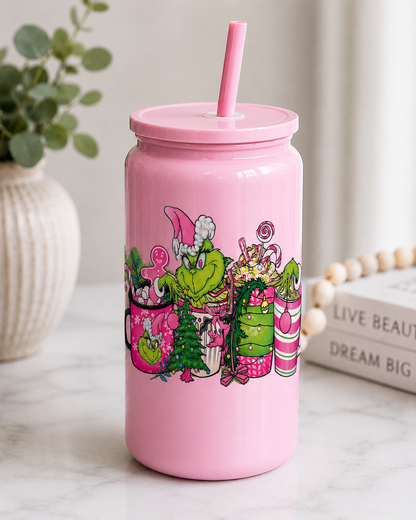 Pink Grinch Christmas Glass Cup