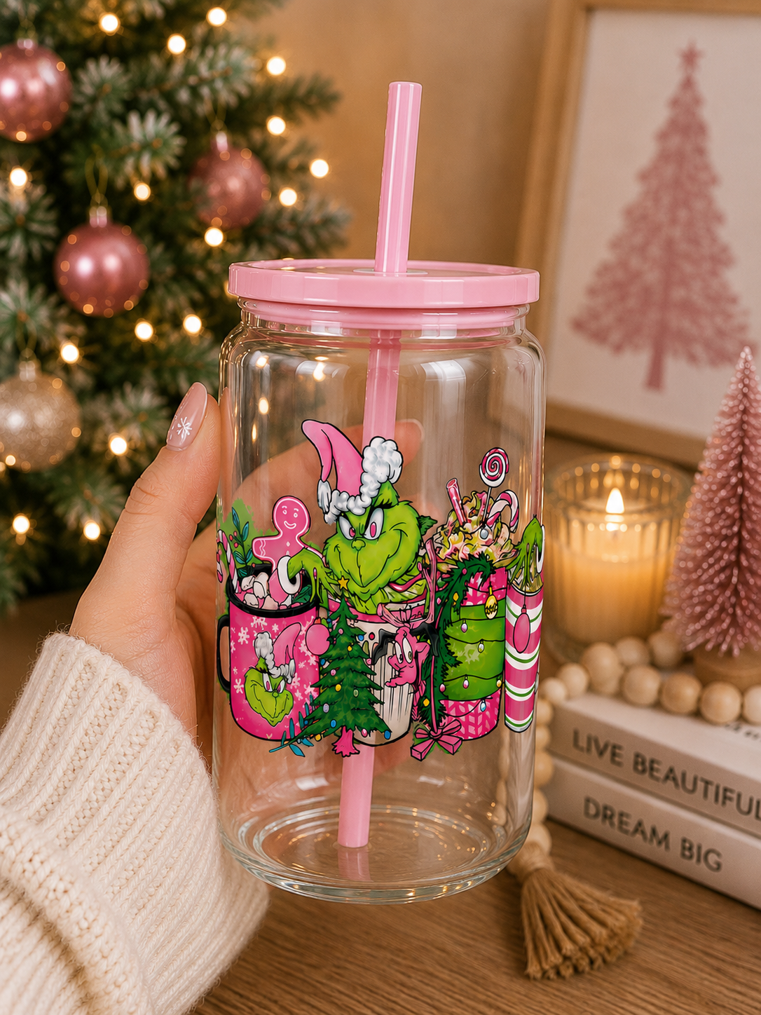 Pink Grinch Christmas Glass Cup