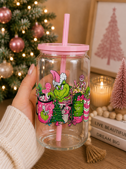 Pink Grinch Christmas Glass Cup