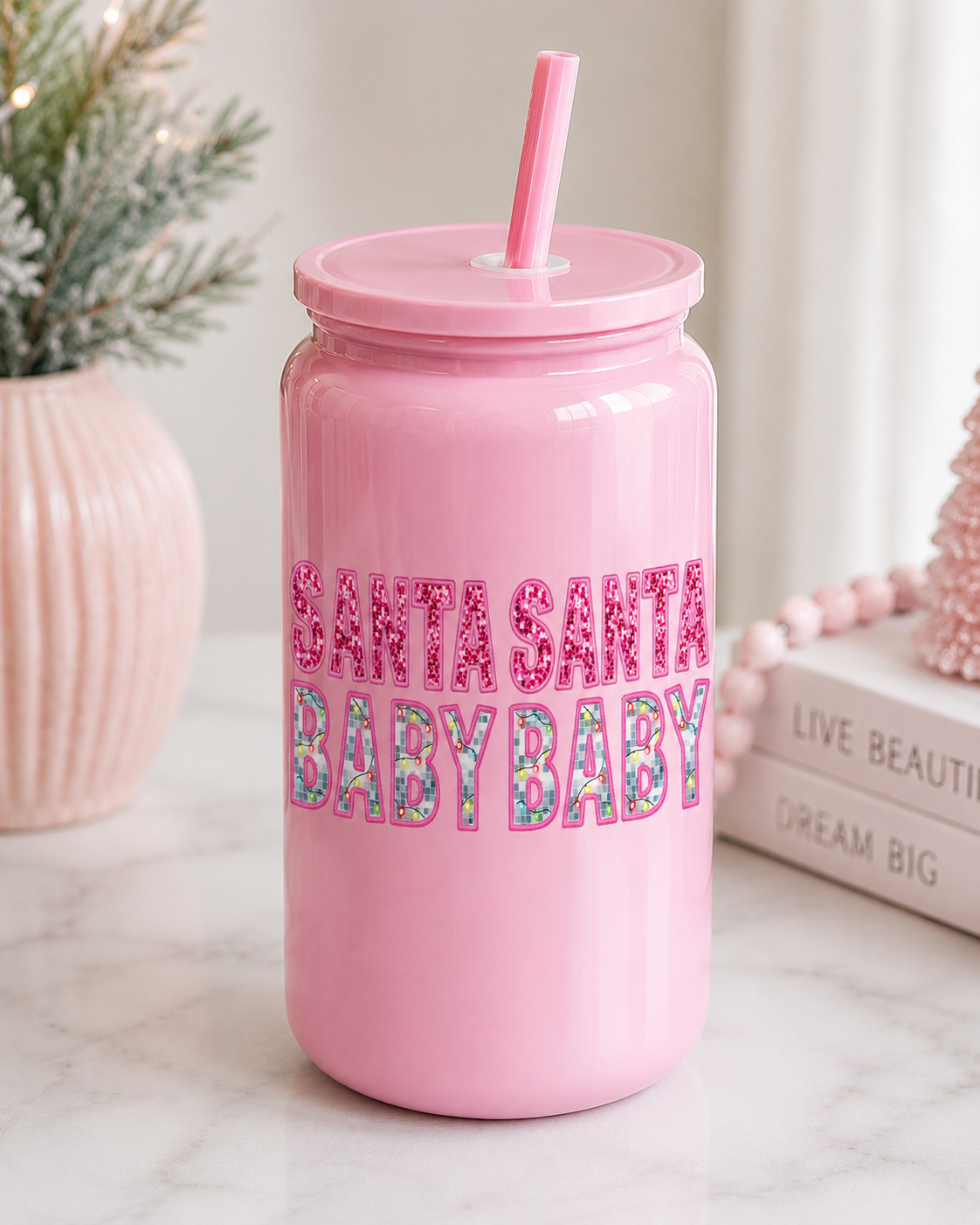 Santa Santa Baby Baby Christmas Glass Cup – 16oz Holiday Pink Glitter