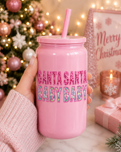 Santa Santa Baby Baby Christmas Glass Cup – 16oz Holiday Pink Glitter