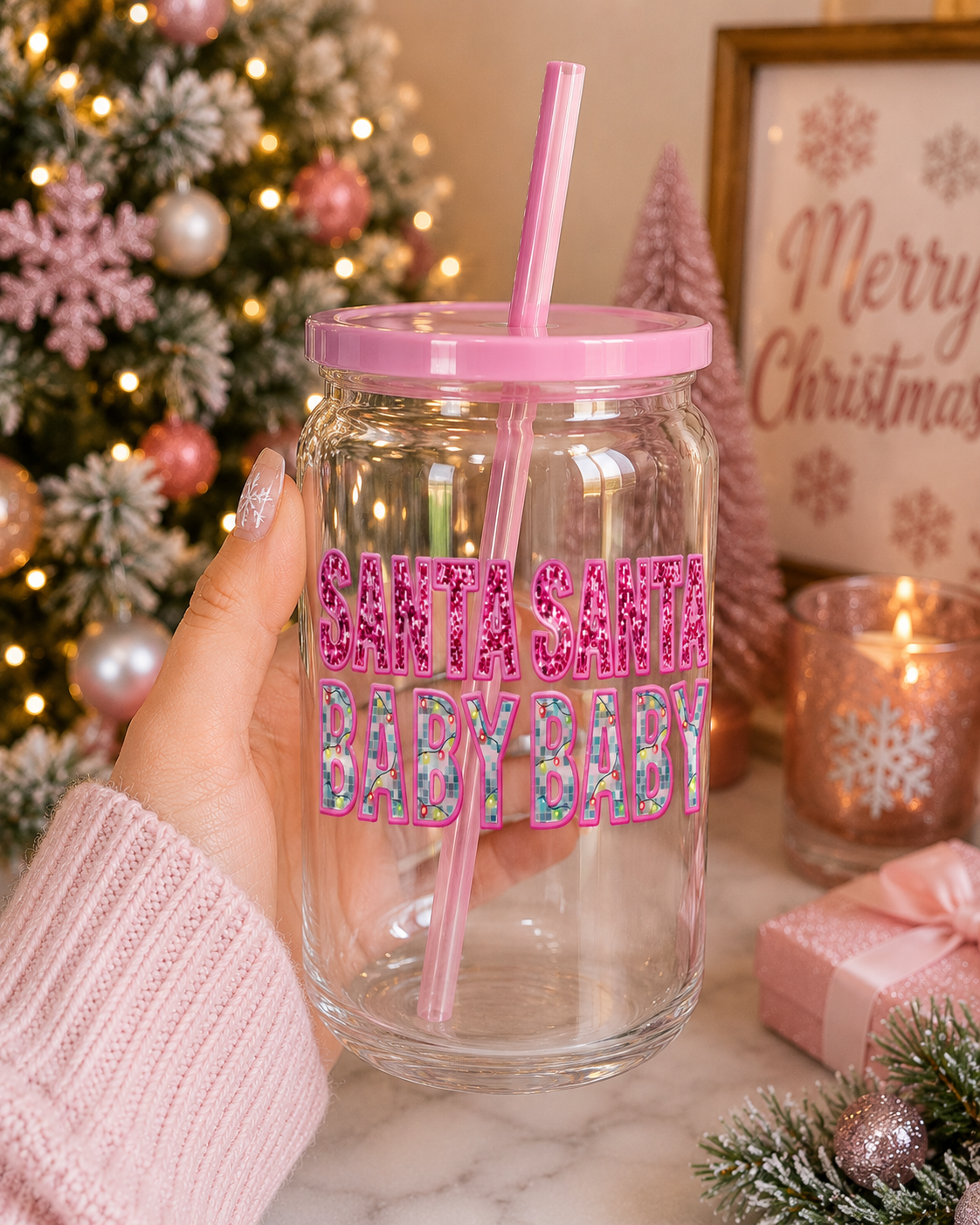 Santa Santa Baby Baby Christmas Glass Cup – 16oz Holiday Pink Glitter