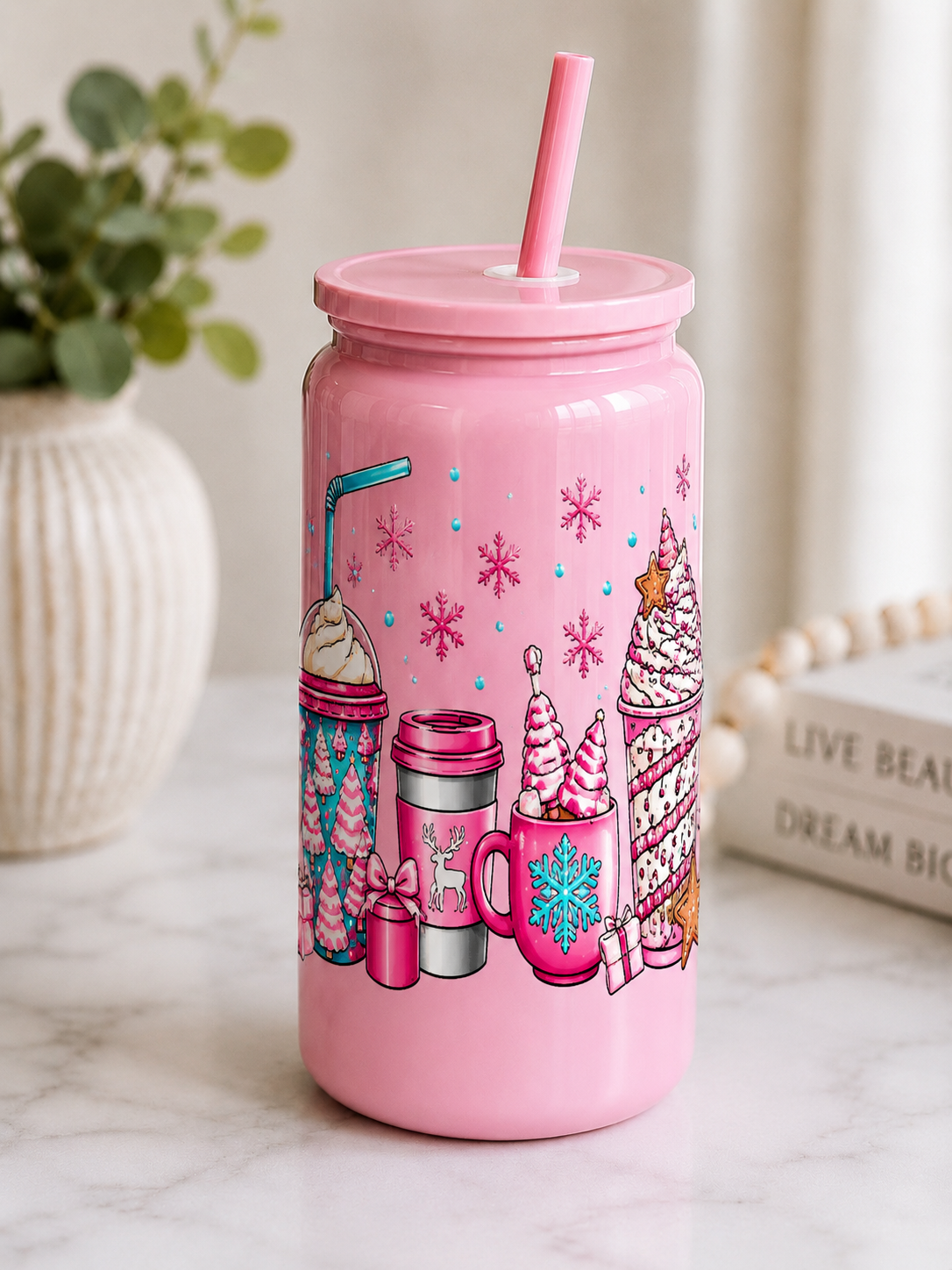 Christmas Pink Winter Wonderland Glass Cup |  16oz Glass Cup | Holiday Drink