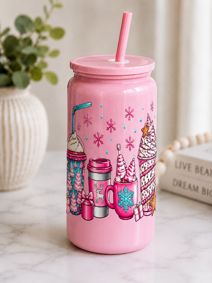 Christmas Pink Winter Wonderland Glass Cup |  16oz Glass Cup | Holiday Drink