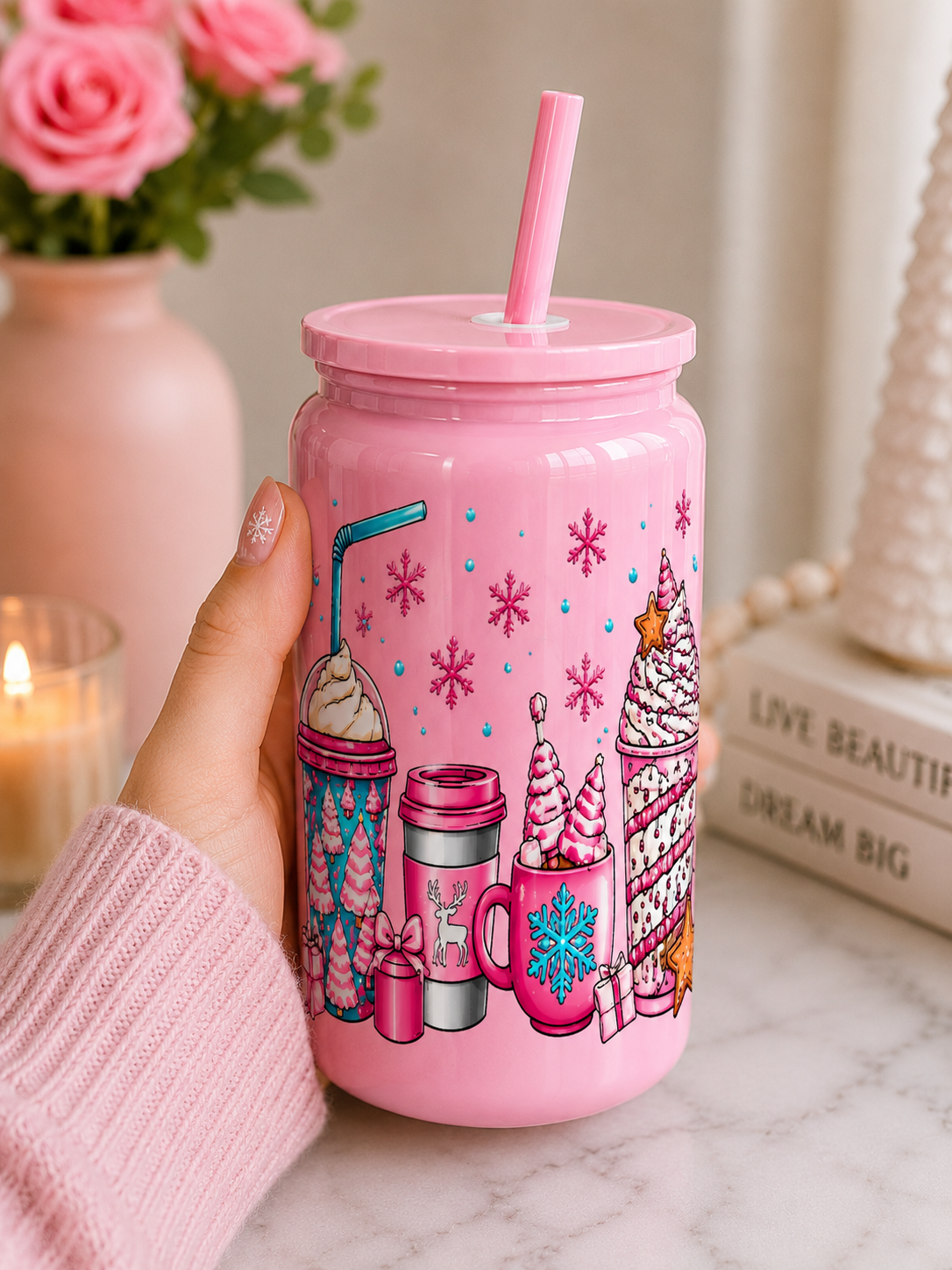 Christmas Pink Winter Wonderland Glass Cup |  16oz Glass Cup | Holiday Drink