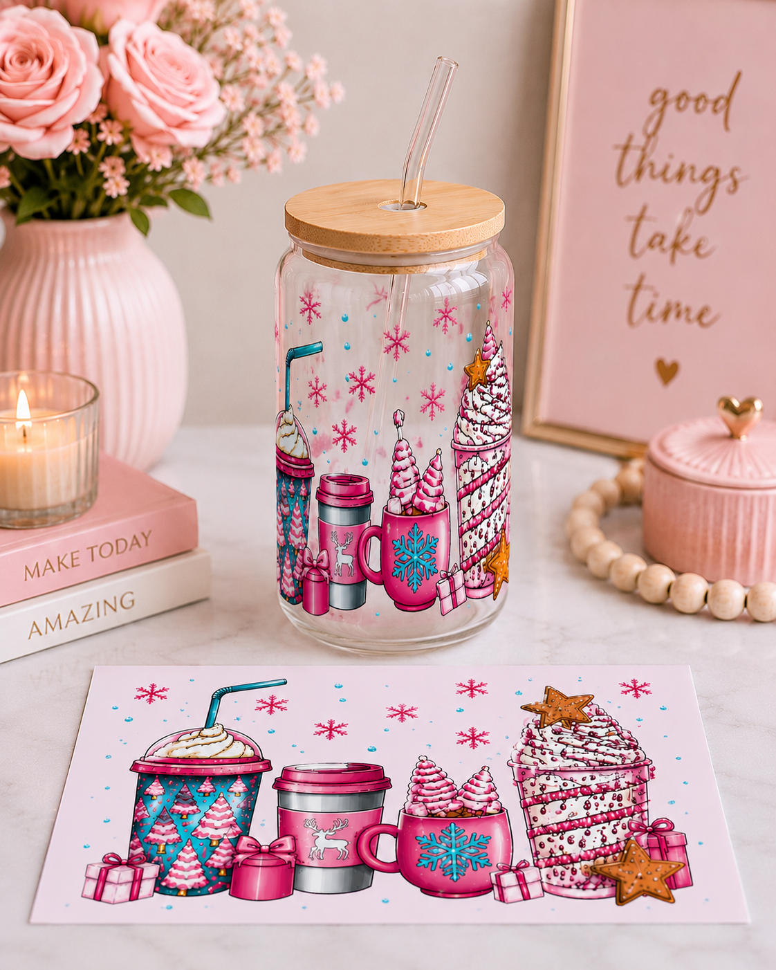 Christmas Pink Winter Wonderland Glass Cup |  16oz Glass Cup | Holiday Drink