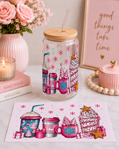 Christmas Pink Winter Wonderland Glass Cup |  16oz Glass Cup | Holiday Drink