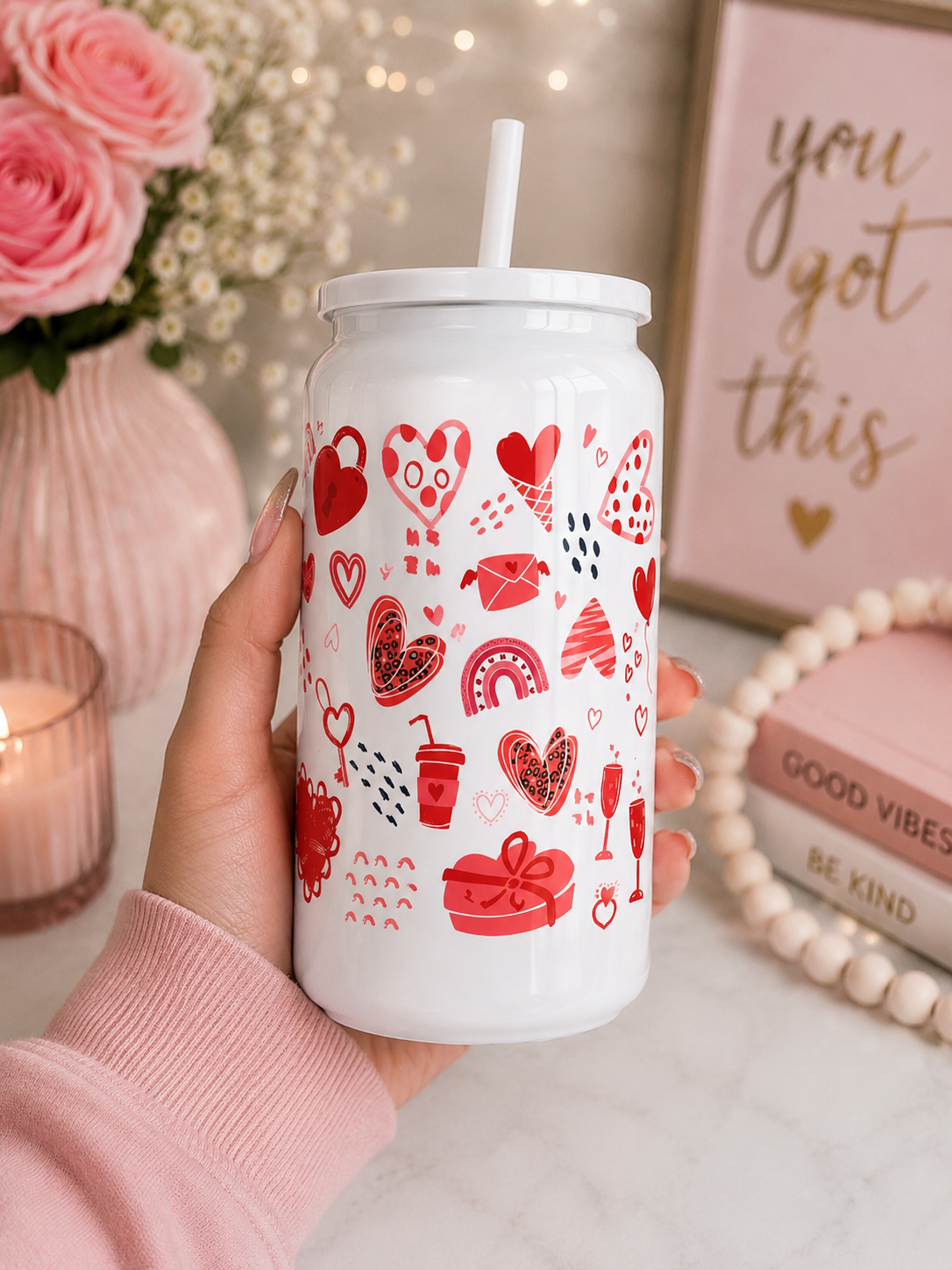 Valentine Hearts love Glass Cup