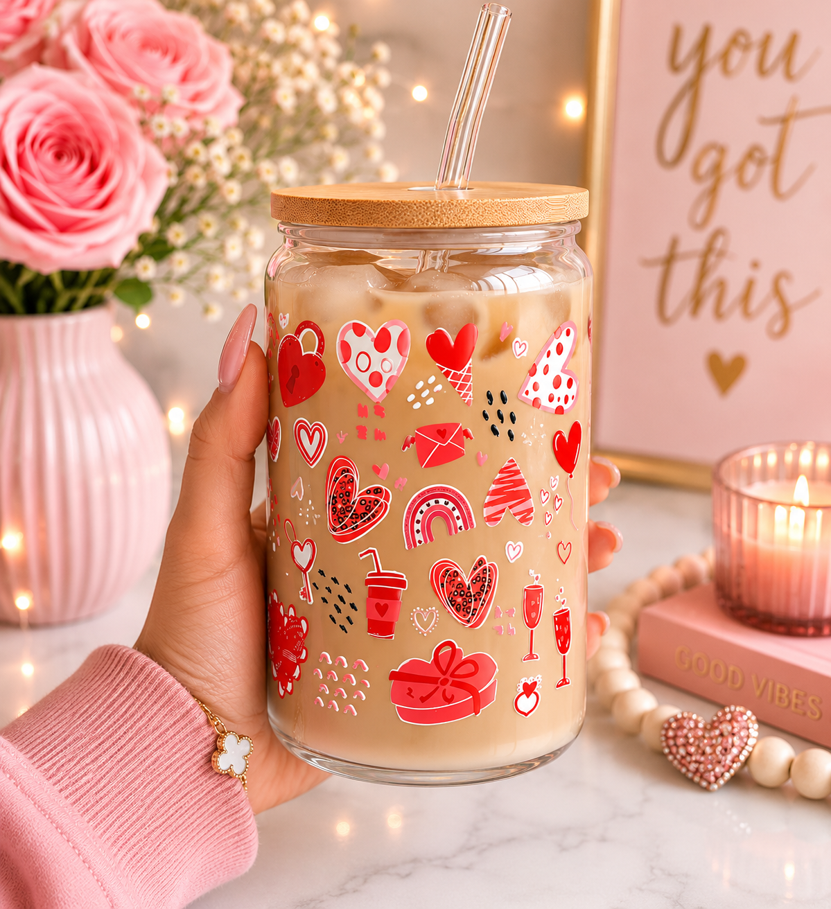 Valentine Hearts love Glass Cup