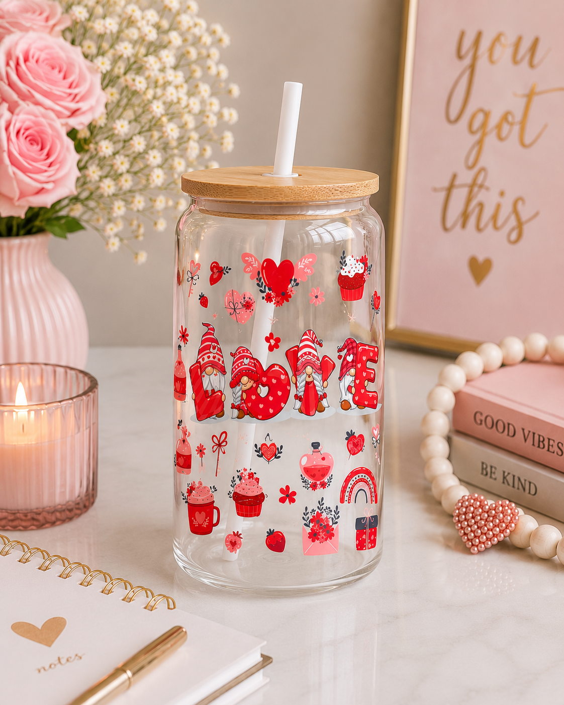 Love Gnomes Valentine’s Glass Cup