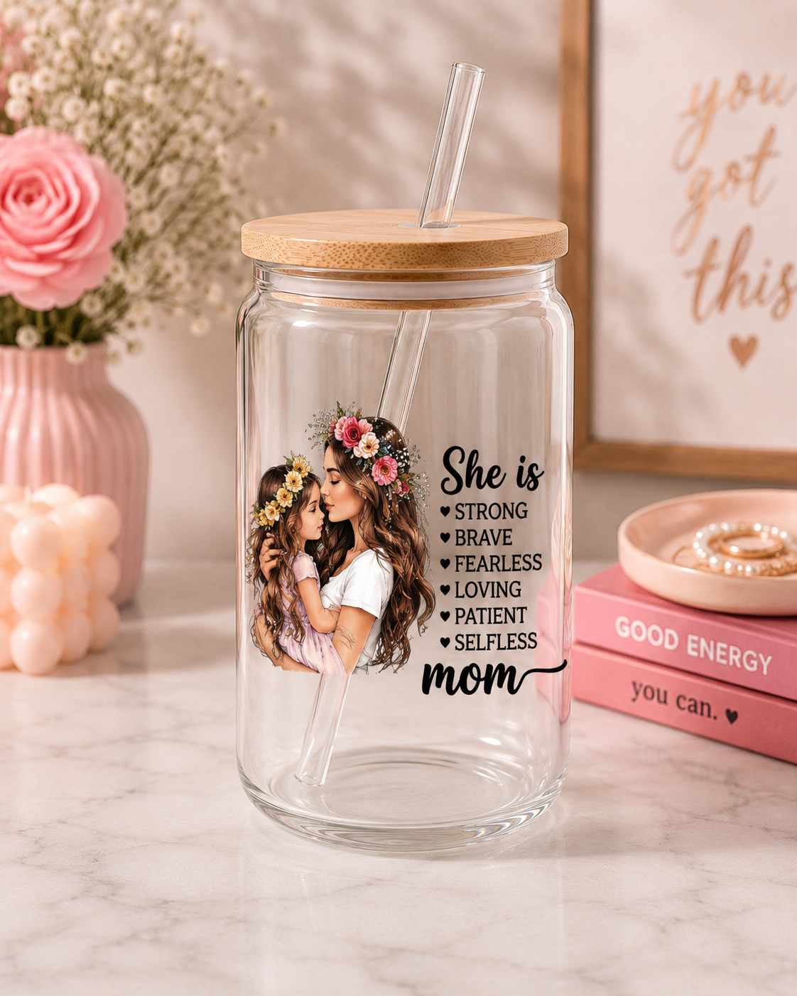 She Is Strong Mom Glass Cup –Motivational Mother & Daughter Cup