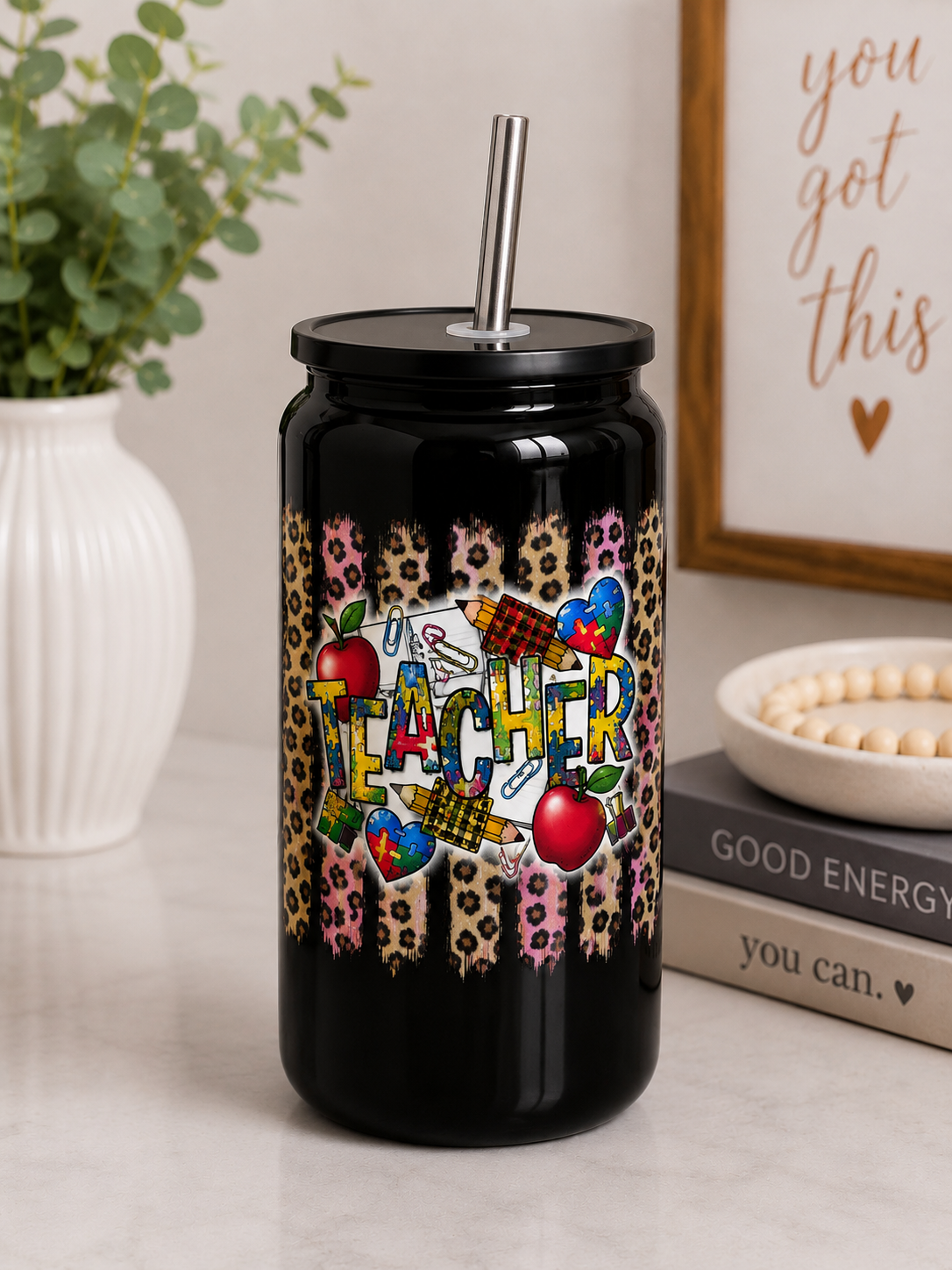 Teacher Leopard Heart Glass Cup – 16oz nca