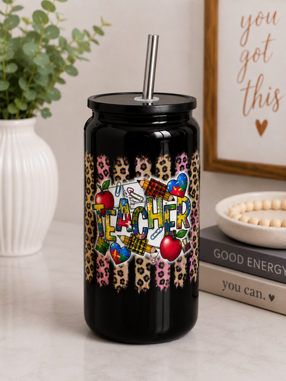 Teacher Leopard Heart Glass Cup – 16oz nca