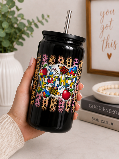 Teacher Leopard Heart Glass Cup – 16oz nca