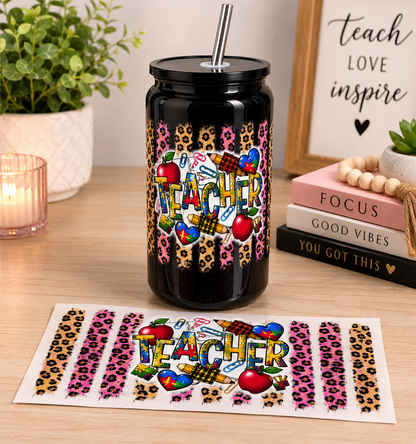 Teacher Leopard Heart Glass Cup – 16oz nca
