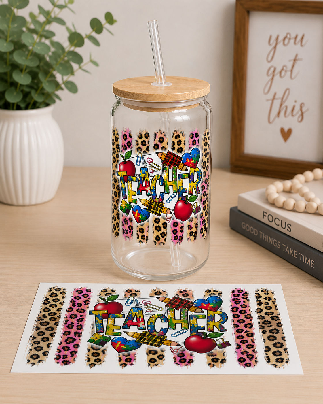 Teacher Leopard Heart Glass Cup – 16oz nca