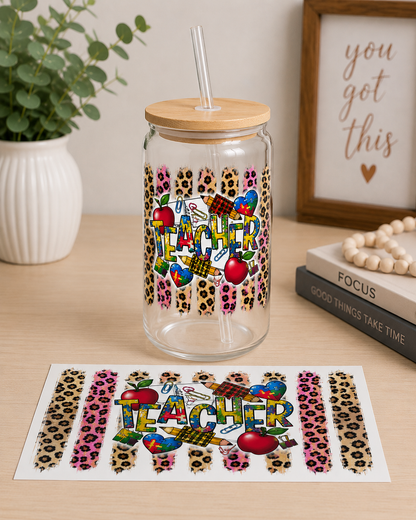 Teacher Leopard Heart Glass Cup – 16oz nca