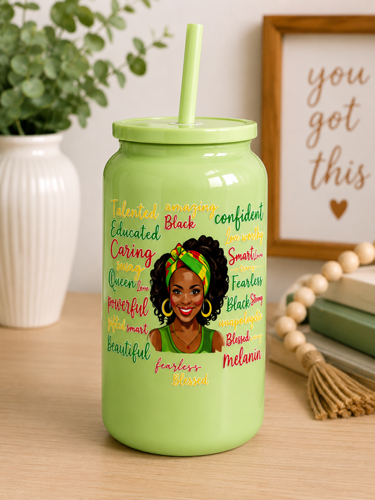 Melanin Queen Empowerment Glass Can Cup  blk edi
