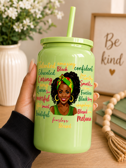 Melanin Queen Empowerment Glass Can Cup  blk edi