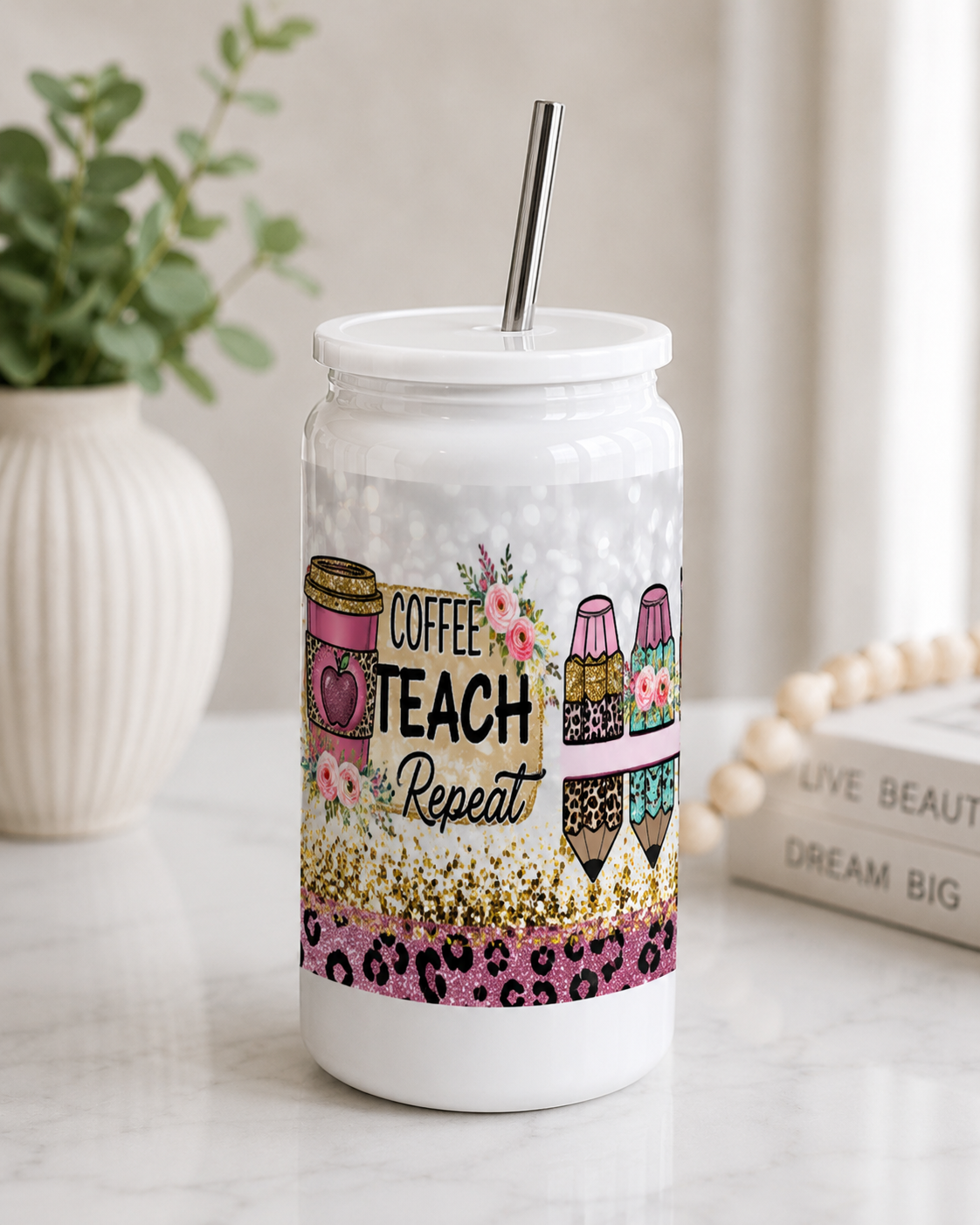 Teach Repeat Glass Cup | Teacher Gift nca
