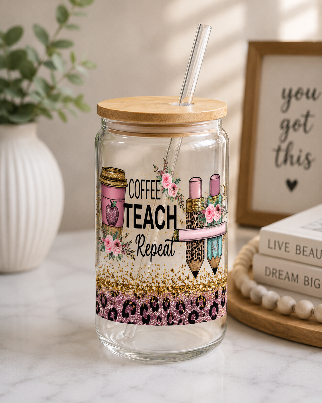 Teach Repeat Glass Cup | Teacher Gift nca