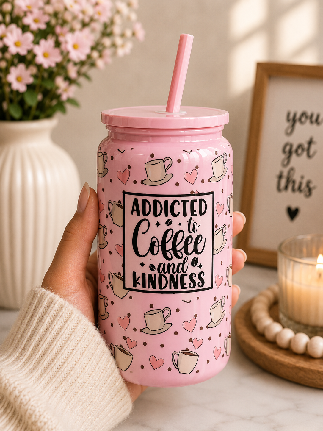 Addicted to Coffee & Kindness Glass Can Cup | 16oz Coffee BSC