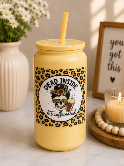 Dead Inside But Caffeinated Glass Cup boho