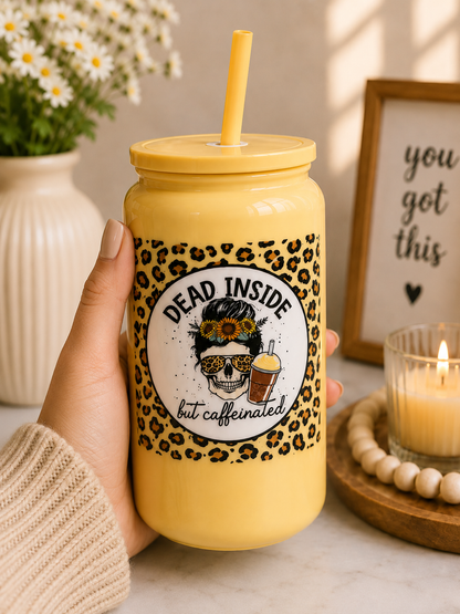Dead Inside But Caffeinated Glass Cup boho