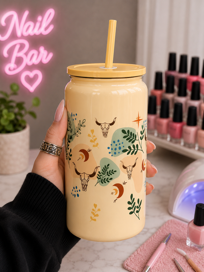 🤠 Boho Longhorn Glass Cup – 16oz Western Aesthetic Iced