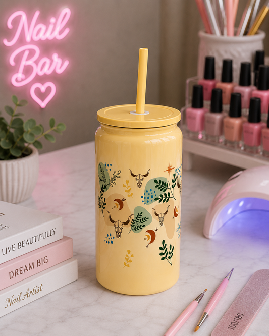 🤠 Boho Longhorn Glass Cup – 16oz Western Aesthetic Iced