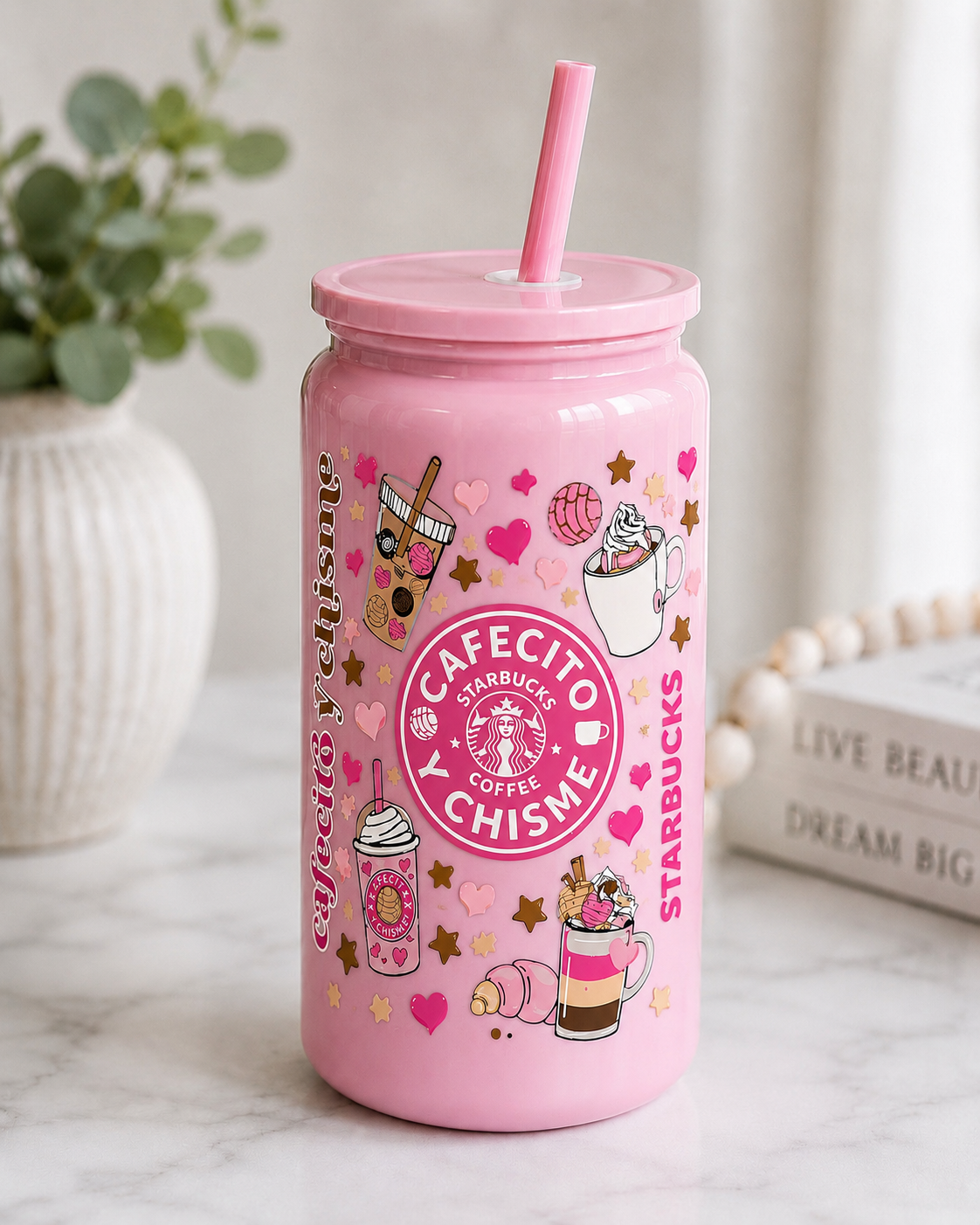 Cafecito y Chisme Glass Cup | 16oz Pink Coffee BSC
