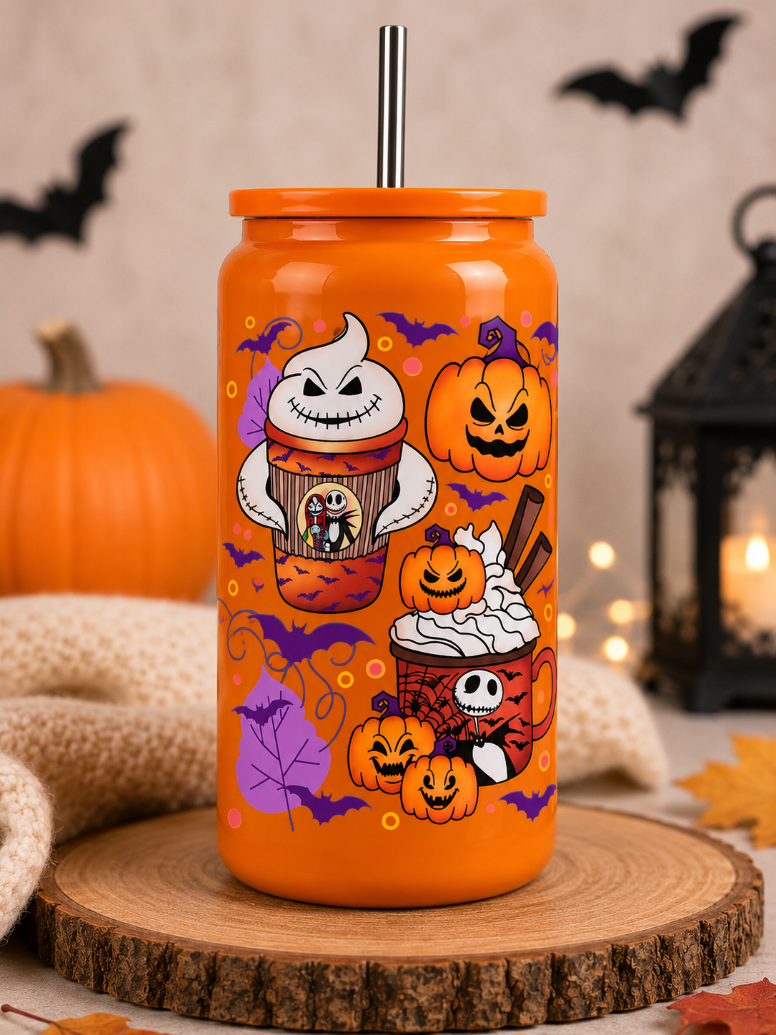 🎃 Halloween 16oz Stainless Steel Tumbler | Jack Skellington Pumpkin Cup |  with Straw