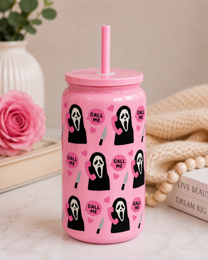 💖 Pink Ghostface “Call Me” 16oz Stainless Steel Tumbler | Spooky Cute Halloween Cup |Tumbler with Straw