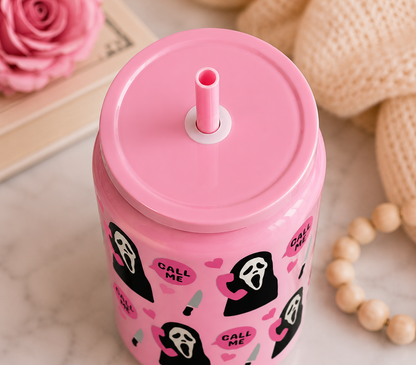 💖 Pink Ghostface “Call Me” 16oz Stainless Steel Tumbler | Spooky Cute Halloween Cup |Tumbler with Straw