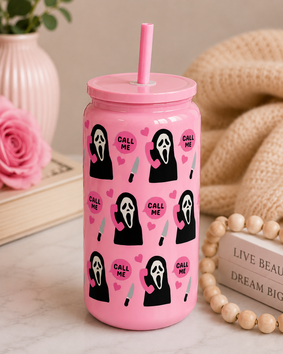 💖 Pink Ghostface “Call Me” 16oz Stainless Steel Tumbler | Spooky Cute Halloween Cup |Tumbler with Straw