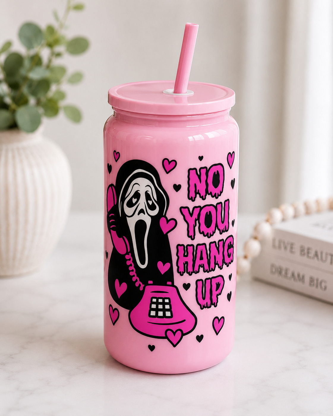 💖 Pink Ghostface “Call Me” 16oz Stainless Steel Tumbler | Spooky Cute Halloween Cup |Tumbler with Straw