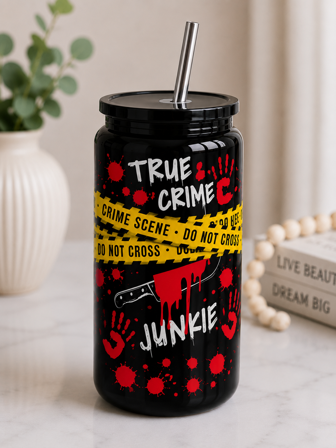 🔪 True Crime Junkie 16oz Black Stainless Steel Tumbler | Crime Scene Halloween Cup |  Insulated Tumbler with Straw