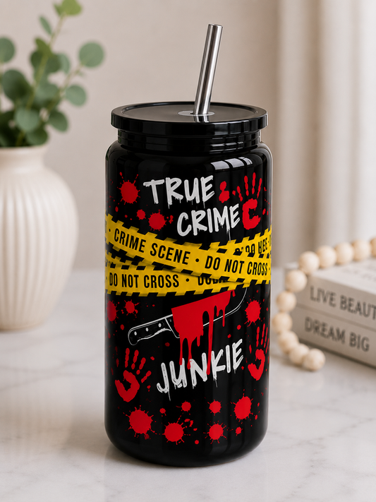 🔪 True Crime Junkie 16oz Black Stainless Steel Tumbler | Crime Scene Halloween Cup |  Insulated Tumbler with Straw