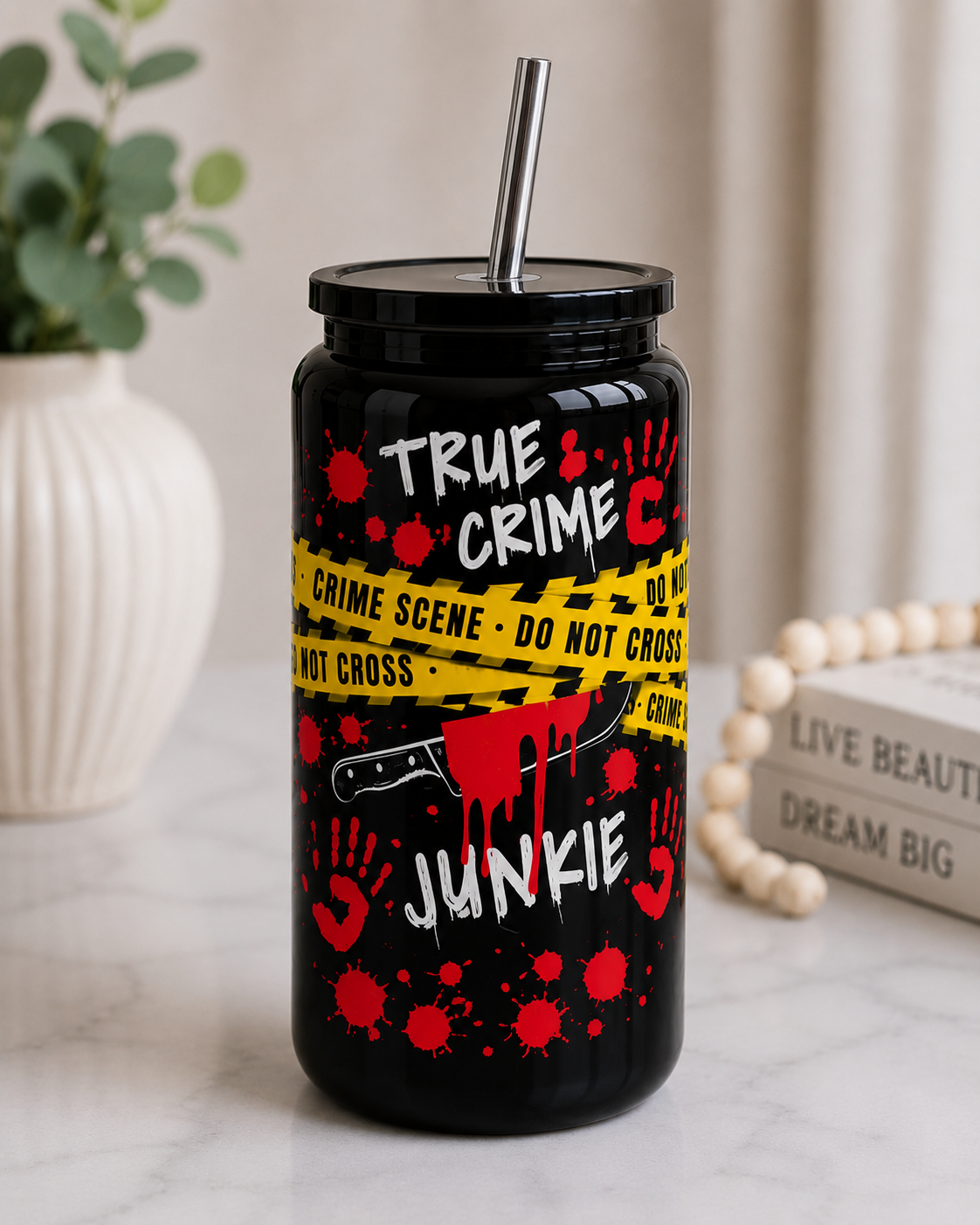 🔪 True Crime Junkie 16oz Black Stainless Steel Tumbler | Crime Scene Halloween Cup |  Insulated Tumbler with Straw