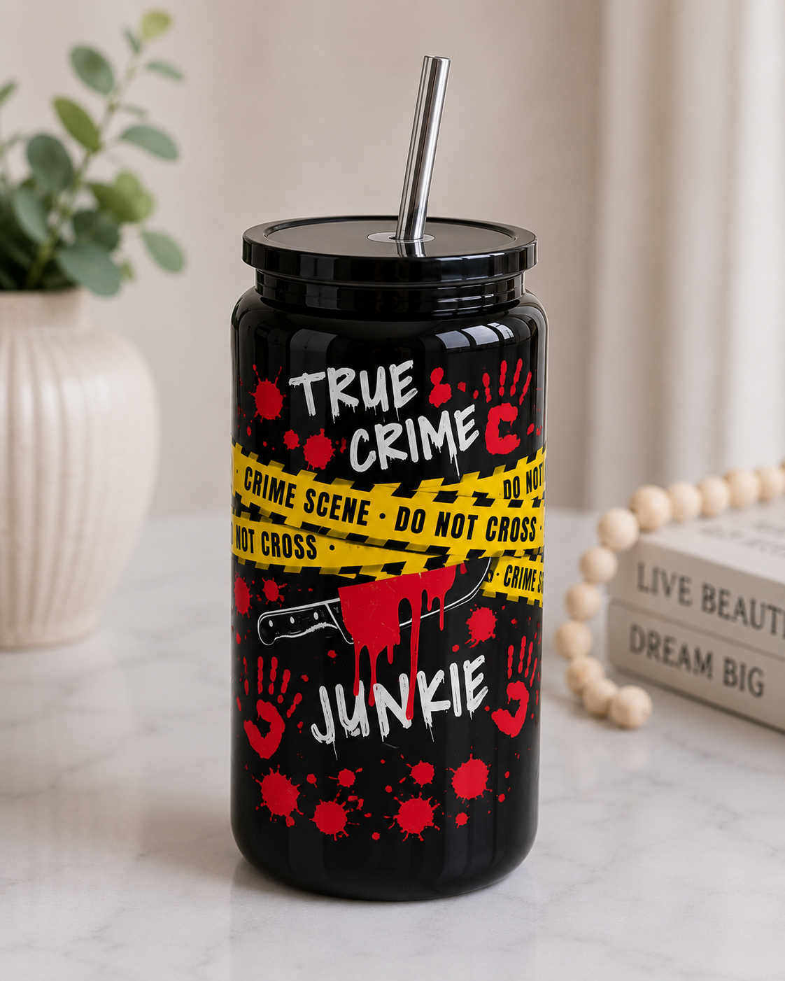 🔪 True Crime Junkie 16oz Black Stainless Steel Tumbler | Crime Scene Halloween Cup |  Insulated Tumbler with Straw
