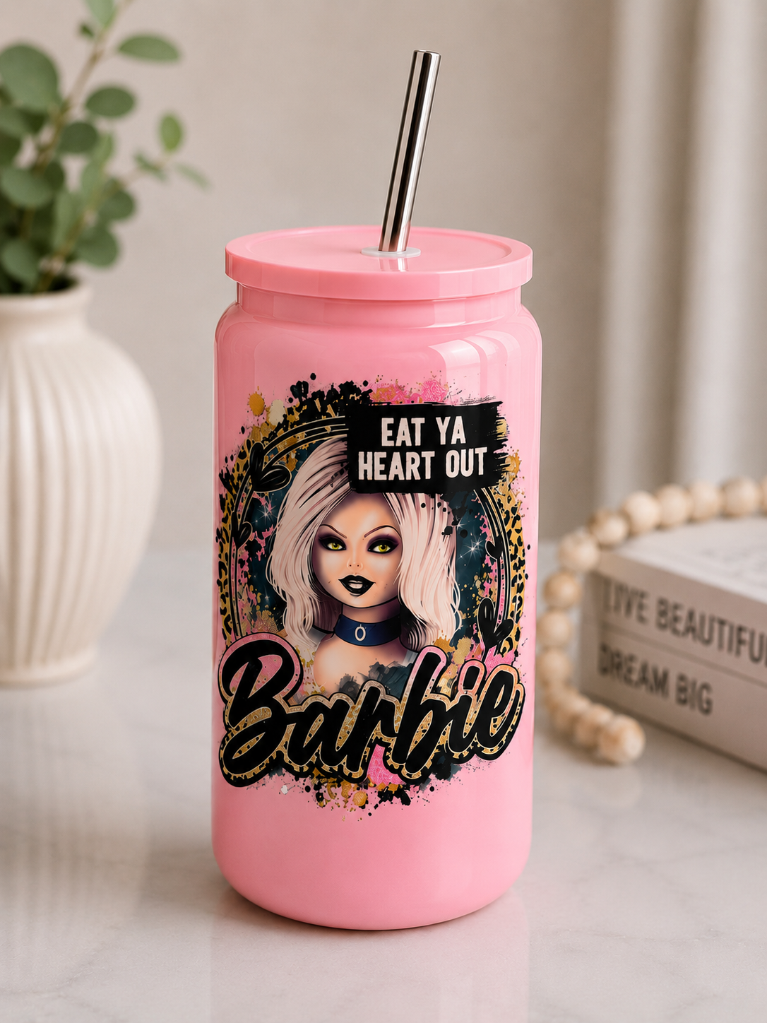 🩷 Eat Ya Heart Out  16oz Pink Stainless Steel Tumbler | Halloween Cup | Horror InspiredTumbler with Straw
