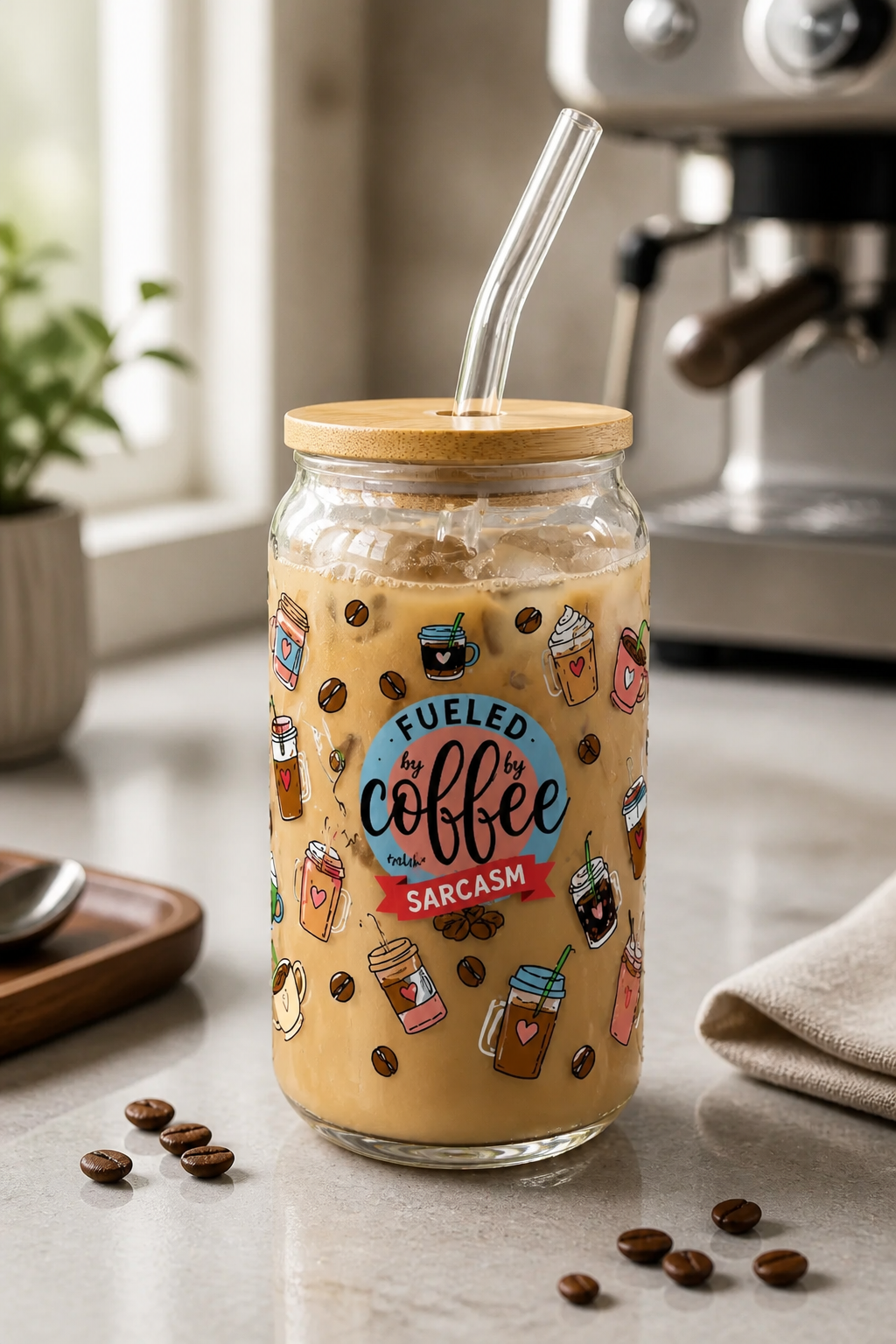 Fueled By Coffee & Sarcasm Glass Can Cup – 16oz edi