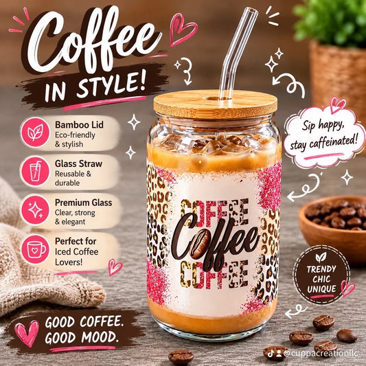16oz Glass Coffee Can Cup with Bamboo Lid and Glass Straw, Iced Coffee Beverage Container