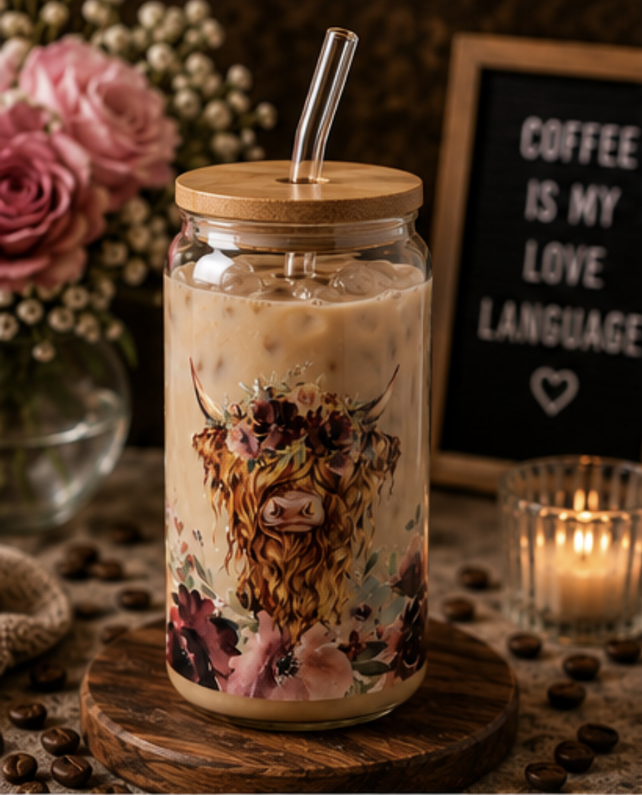 🌸 Cute Highland Cow Floral Glass Cup